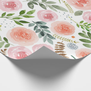 Papier Cadeau Roses d'aquarelle et Feuilles de verdure