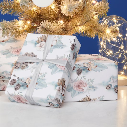 Papier Cadeau Roses d'aquarelle et Motif de cônes de pin (Vacances)