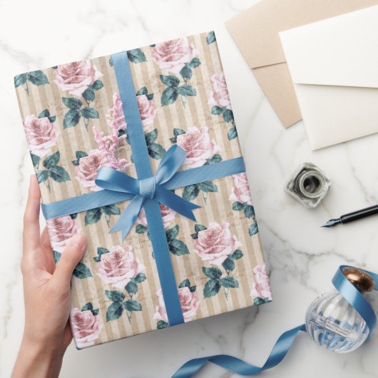 Papier Cadeau Roses de thé rose et rayures jaunes Toutes les occ (Cadeaux)