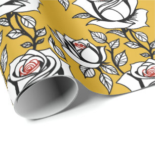 Papier Cadeau Roses Dessinés à la Main de Manière Stylisée en No