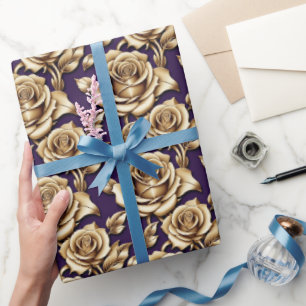 Papier Cadeau Roses en or métallisé sur un fond violet foncé mat