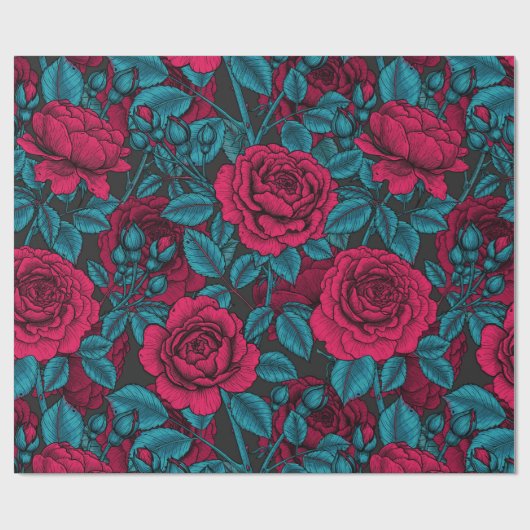 Papier Cadeau Roses en rouge et bleu (Plat)