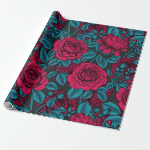 Papier Cadeau Roses en rouge et bleu