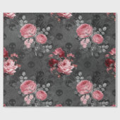 Papier Cadeau Roses et crânes roses sur gris (Plat)