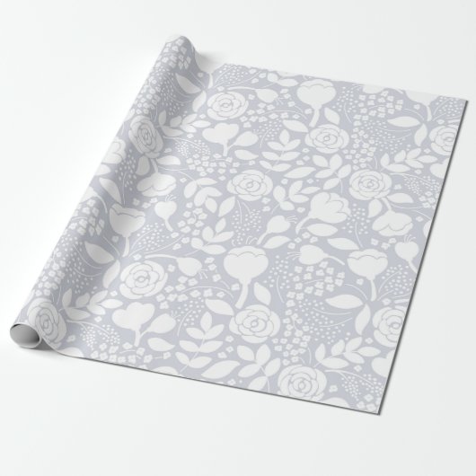 Papier Cadeau Roses et fleurs blanc et gris motif (Déroulé)