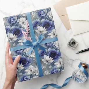 Papier Cadeau Roses et Lys Bleus et Blancs élégants