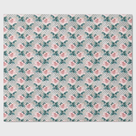 Papier Cadeau Roses et points rose pâle (Plat)