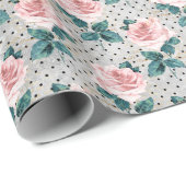 Papier Cadeau Roses et points rose pâle (Coin rond)