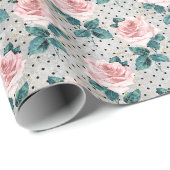 Papier Cadeau Roses et points roses blush (Coin rond)