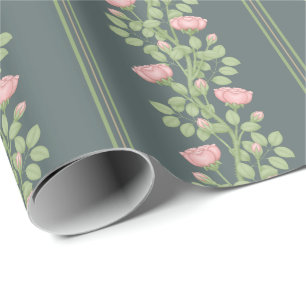 Papier Cadeau Roses et rayures roses sur bleu ardoise