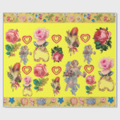 PAPIER CADEAU ROSES, FLEURS, PÈRES, ANGES ET COEURS EN JAUNE (Plat)