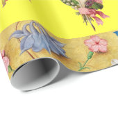 PAPIER CADEAU ROSES, FLEURS, PÈRES, ANGES ET COEURS EN JAUNE (Coin rond)