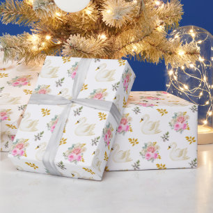 Papier Cadeau Roses Florales Rose et Or de Cygne
