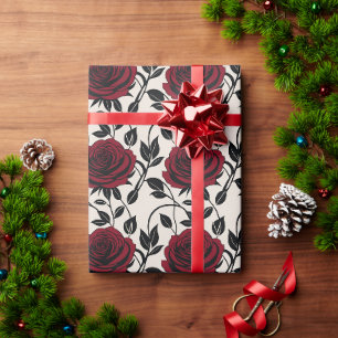 Papier Cadeau Roses minimalistes en noir et rouge foncé sur fond