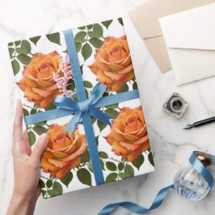 Papier Cadeau Roses orange vif avec feuilles vertes
