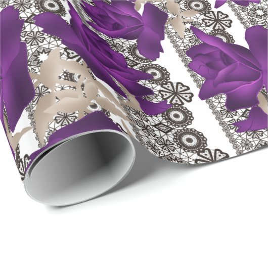 Papier Cadeau Roses rétro, violet (Coin rond)