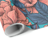 Papier Cadeau Roses roses avec feuilles bleus sur bleu (Coin rond)