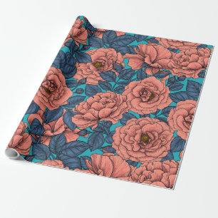 Papier Cadeau Roses roses avec feuilles bleus sur bleu