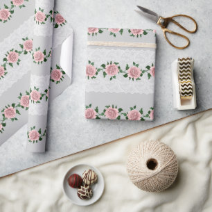 Papier Cadeau Roses roses et dentelle de mariage