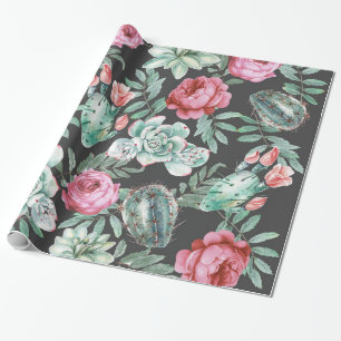 Papier Cadeau Roses roses et motif succulent de cactus sur le