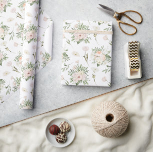 Papier Cadeau Roses roses pâles sur fond blanc
