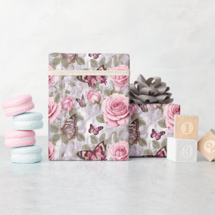 Papier Cadeau Roses roses roses et papillons Aquarelle Florale