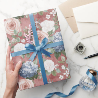 Papier Cadeau Roses Roses Rouges Pink Hydrangea Bleu Floral Mari