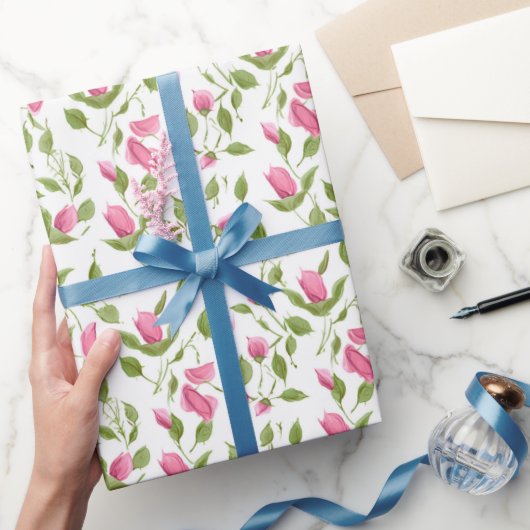 Papier Cadeau Roses roses sur blanc (Cadeaux)