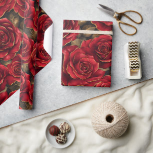 Papier Cadeau Roses rouge et or