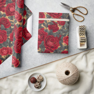 Papier Cadeau Roses rouge et or