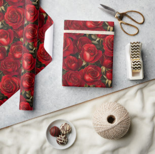 Papier Cadeau Roses rouge et or