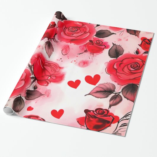 Papier Cadeau Roses rouges avec Coeurs Valentine Romantique Flor (Déroulé)