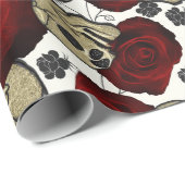 Papier Cadeau Roses Rouges & Crânes Fleur Noir Gothique Blanc (Coin rond)