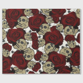 Papier Cadeau Roses Rouges & Crânes Fleuris Gothiques Noir et Bl (Plat)