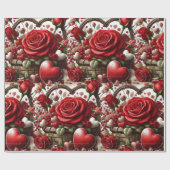 Papier Cadeau Roses rouges et coeurs Saint-Valentin (Plat)