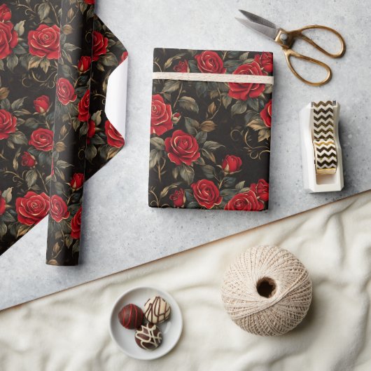 Papier Cadeau Roses rouges et dorées (Artisanat)