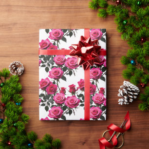 Papier Cadeau Roses rouges et roses regroupées sur un fond blanc