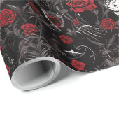 Papier Cadeau Roses rouges gothiques et crânes (Coin rond)