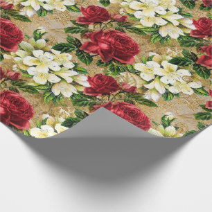 Papier Cadeau Roses Rouges Lys Blancs Floral Vintage Noël