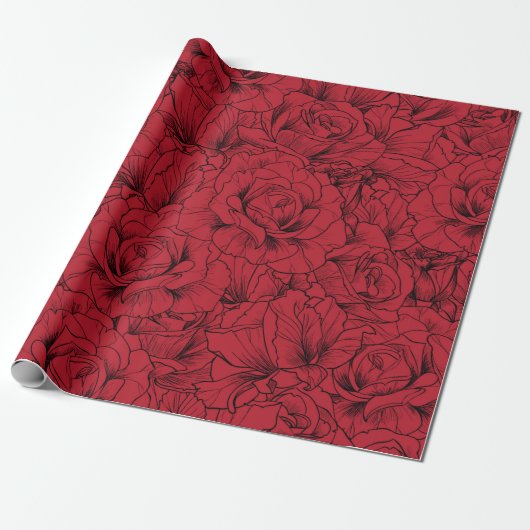 Papier Cadeau roses rouges motif sans soudure (Déroulé)
