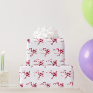Papier Cadeau Roses rouges personnalisées "Avec L ❤️ VE"