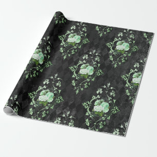 Papier Cadeau Roses verts vintages et Motif arlequin noir