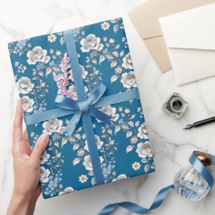 Papier Cadeau Roses Vintage Bleu et Blanc