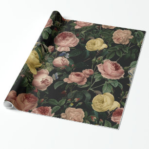 Papier Cadeau Roses vintages de fleur et rêves Motif-Foncés