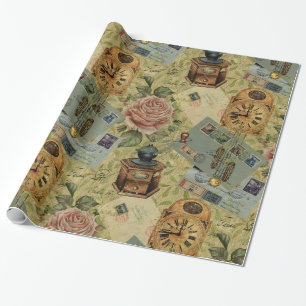 Papier Cadeau Roses vintages et horloges Motif sans faille