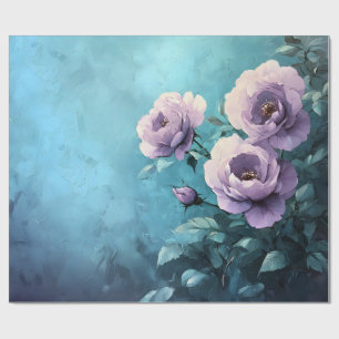 Papier Cadeau Roses violettes sur découpage sarcelle