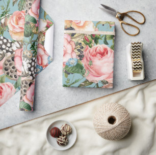 Papier Cadeau Roses Whimsics Modernes Et Horloges Motif Bleu