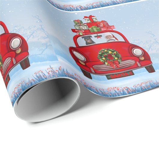 Papier Cadeau Rottweiler Chien En Voiture Avec Le Père Noël (Coin rond)