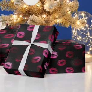 Papier Cadeau Rouge à lèvres élégant rose chaud et noir pailleté