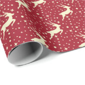 Papier Cadeau Rouge avec rennes blancs & étoiles Noël (Coin rond)